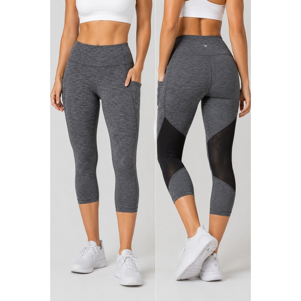 Lululemon Pace Rival Crop Leggings 6 Heathered Gray Black Mesh Pocket